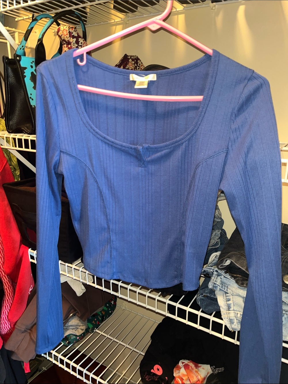 Bozzolo Ribbed Long-Sleeve Scoop Neck Top — Blue